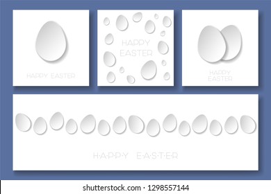 Set of vector happy easter minimalistic cards with paper origami eggs. Holiday creative backgrounds. Also you can use it like poster, banner or postcard for your design.