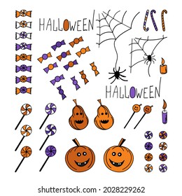 Set of vector Happy Halloween holiday stickers for decoration and making postcards. Pumpkin lantern, candy, spiders and cobwebs are stylized.