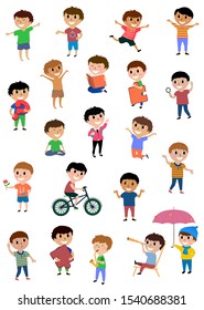 Set vector happy kids. Multicultural children in different positions isolated on white background. Cartoon design 
