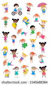 Set vector happy kids. Multicultural children in different positions isolated on white background. Cartoon design 