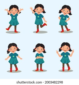 Set of vector of happy little girls with different action poses, hand gestures and legs positions, such as peace sign, wink eye, arm crossed, raising hands, hand on the waist, standing with one leg.