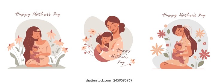 Set of vector Happy Mother`s Day cards. Happy motherhood and childhood. Nice young moms with kids. Women loves their children. Love and tenderness in a friendly family.