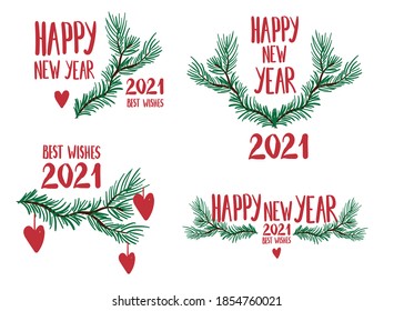 set vector happy new year hand writing 2021 with floral red and green