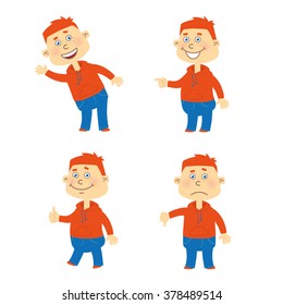 Set of vector happy red hair student character in different poses. Orange sweater blue jeans.