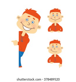 Set of vector happy red hair student character in different poses. Orange sweater blue jeans.