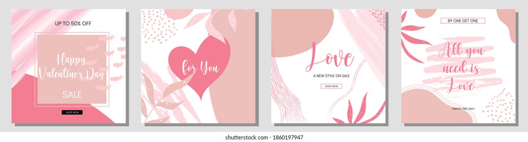 Set of Vector Happy Valentine's Day greeting cards, sale discount and flyer templates with lettering. Trendy abstract square art templates. Good for social media posts, mobile apps, banner design,...