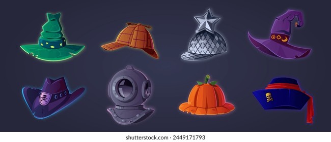 Set of vector hats in cartoon style. Character headdress, 2D game design, RPG, fantasy. Colorful set of hats icons. Hand drawn hats collection. Wizard, detective, celebrity, renegade, diver, pirate.