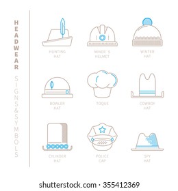 Set of vector headwear icons and concepts in mono thin line style