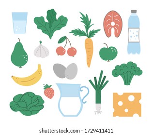 Set of vector healthy food and drink icons. Vegetable, milk products, fruit, berry, fish illustration isolated on white background. Flat hand drawn organic nutrition clipart