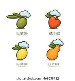 Set of vector healthy food logo, emblem, label design. Olive, apple, lemon, pear in chef hat, isolated on white. Vegan restaurant, cooking and diets concept.
