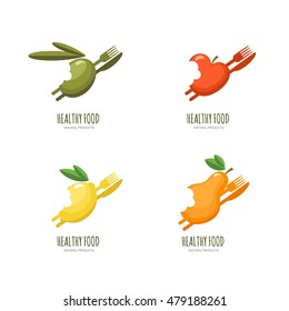 Set of vector healthy food logo, emblem, label design. Bitten fruits icons. Olive, apple, lemon, pear with fork and knife, isolated on white. Fresh farm, vegan foods, fruit market and diets concept.