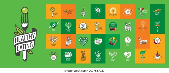 A set of vector healthy food logos on different colored backgrounds