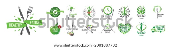A\
set of vector Healthy Food logos on a white\
background