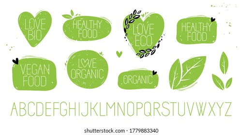 Set of vector healthy food symbol or sticker. Green and black hand drawn design. Vegan food, organic, love bio and letters