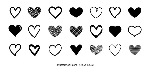 Set Vector Heart Black Outline Draw The Hand. Brush Design On White Background. Hand Drawn For Valentine's Day.