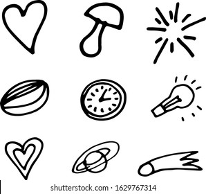 Set vector heart bulb mushroom coffee bean clock comet star abstraction stylization doodle sketch on a white background line
