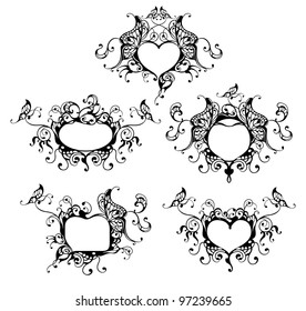 set of vector heart frame with butterfly