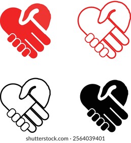 A set of vector heart handshake icons in red, black, and white, symbolizing love, unity, collaboration, and support. Perfect for logos, social causes, teamwork, and creative branding.