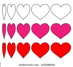 Set of vector heart icons with a change of outline heart and pink and red hearts surrounded by black.Design the love symbol with the expansion of the heart.Love emblem for Valentine's Day.