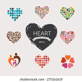 Set of vector heart icons, elements and symbols