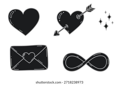 Conjunto de iconos de corazón de Vector y símbolos románticos con Formas rojas, sobres de San Valentín y cartas de amor para ilustraciones de diseño de tarjetas y signos de mensaje de vacaciones