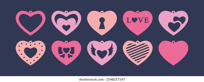 Set of vector heart shaped designs for earrings, pendant or keychain. Love jewelry cutting template. Laser cut with leather, wood or metal. Beautiful hanging bijouterie