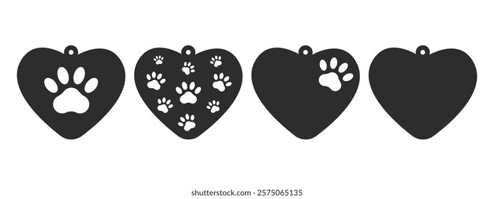 Set of vector heart shaped designs with dog paw for earrings, pendant or keychain. Jewelry silhouette laser cut template. Cnc cutting with metal, wood or leather