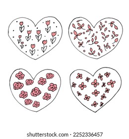 Set of vector heart shapes. Line art, doodle style, hand drawn. Pink, rose color. 