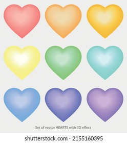 Set of vector hearts with 3D effect