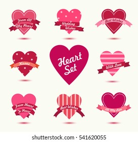 Set of vector hearts badges, logos. Retro love icons with ribbons. Use for cards, ad, web, banners, etc