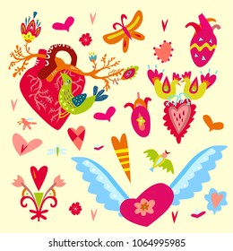 set of vector hearts, birds, flowers, butterfly