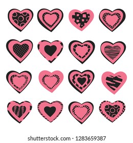 Set of vector hearts in black and pink color.

