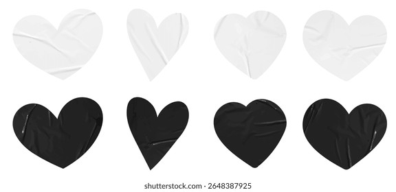 Set of vector hearts black and white stickers mockup. Blank labels of different shapes, Wrinkled paper emblems. Copy space. Stickers or patches for preview tags, labels

