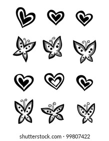 Set of vector hearts and butterflies in black color, isolated on white background