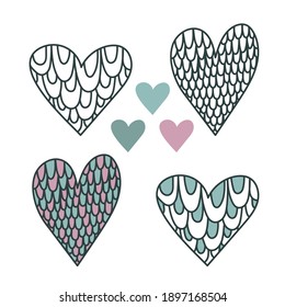 Satz von Vektorherzen. Für die Dekoration von Festartikeln. Fertige Herzen für Design. Blau und Rosa Farben, die Struktur der Fischwaagen.