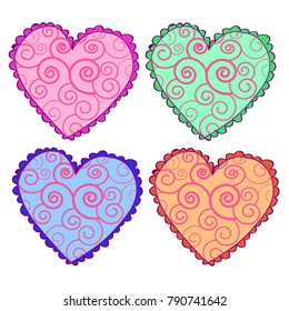 Set of vector hearts. Decorative style, floral ornament, scrawl.