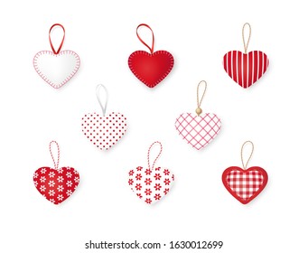 Set of vector hearts. Design elements for Valentine's day or Christmas. Collection of textile handmade hearts isolated on a white background.