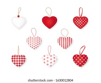 Set of vector hearts. Design elements for Valentine's day or Christmas. Collection of textile handmade hearts isolated on a white background. 