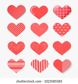 Set of Vector hearts set in Different style such as hand drawn, paper art, polka dots, etc.