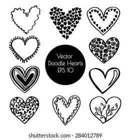 Set of vector hearts drawn in doodle style with cute ornament. Isolated objects in black and white colors.