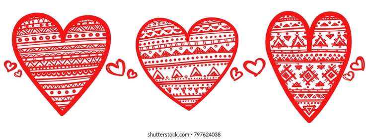 Set of vector hearts with ethnic ornamental elements. 