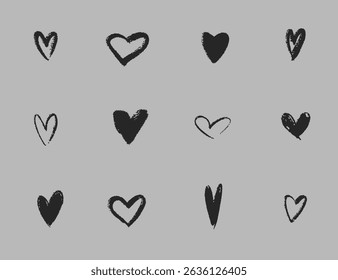 Set of vector hearts in grunge style. Illustration. Gray background. Isolated object