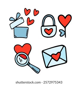 Set of vector hearts. lock, key, letter, message, love message, gift box with hearts. Design for wedding decorations, Valentine's Day cards