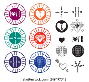 Set of vector  hearts and love logo, labels and design elements. Colored icons in a hipster style.