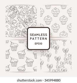 Set of Vector Hearts and Muffins Seamless Patterns. Sweet Party Texture.