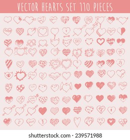 Set of vector hearts, one hundred ten pieces, design elements, valentine background, hand drawn