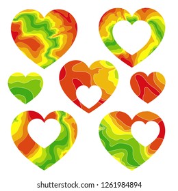 Set of vector hearts from patterns of wavy multi-colored lines of red, yellow, green shades