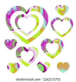 Set of vector hearts from patterns of wavy lines of pink and green shades