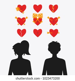 Set of vector hearts and silhouettes of a girl with a guy. Broken heart. The arrow is pierced by an heart. The glued heart. A lock on the heart.
