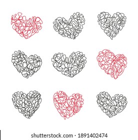 Set vector of hearts for Valentine's Day. The heart consists of doodles, thin black and red outlines.